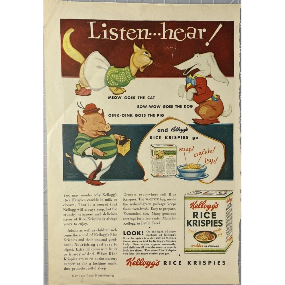 Kellogg's Rice Krispies "Listen Here! Snap! Crackle! Pop!" Vintage Print Ad 1935